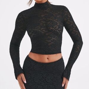 Lace black high neck long sleeve with open back